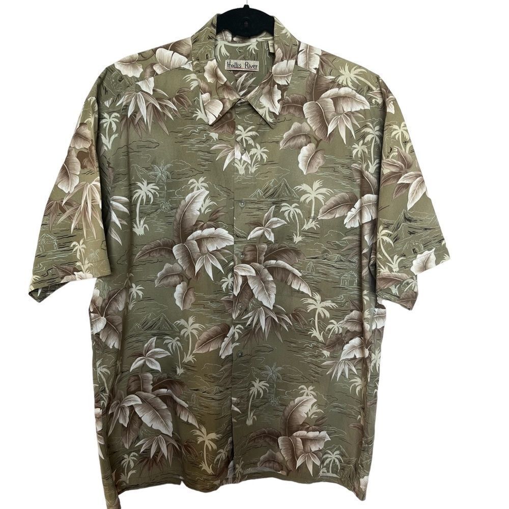 Hollis River Men's Short Sleeve Button Up Shirt Size Large Green/Tan Leaves